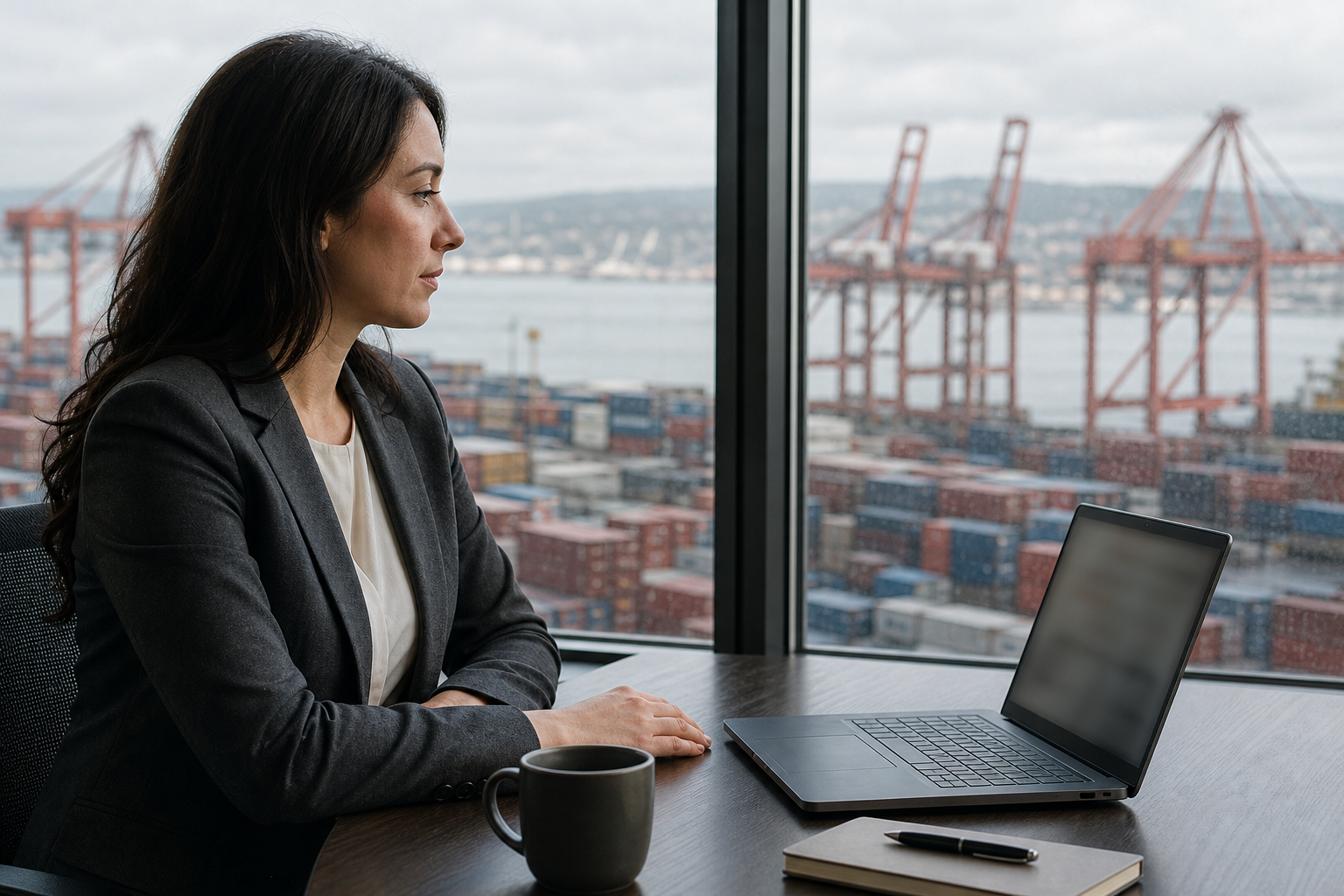 A professional reviewing account setup with a container port outside the window