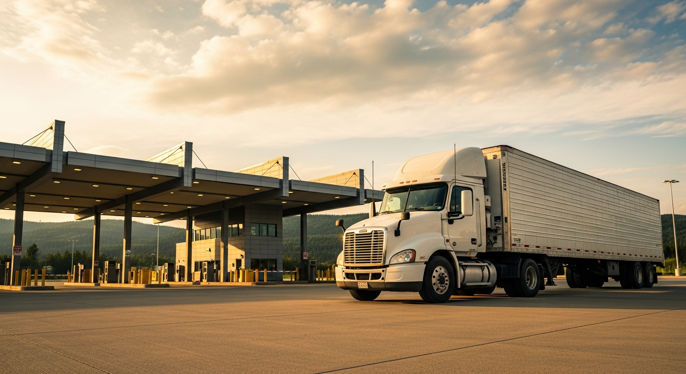Cargo trailer at a Canadian border customs inspection area — warm golden afternoon light, customs facility in background