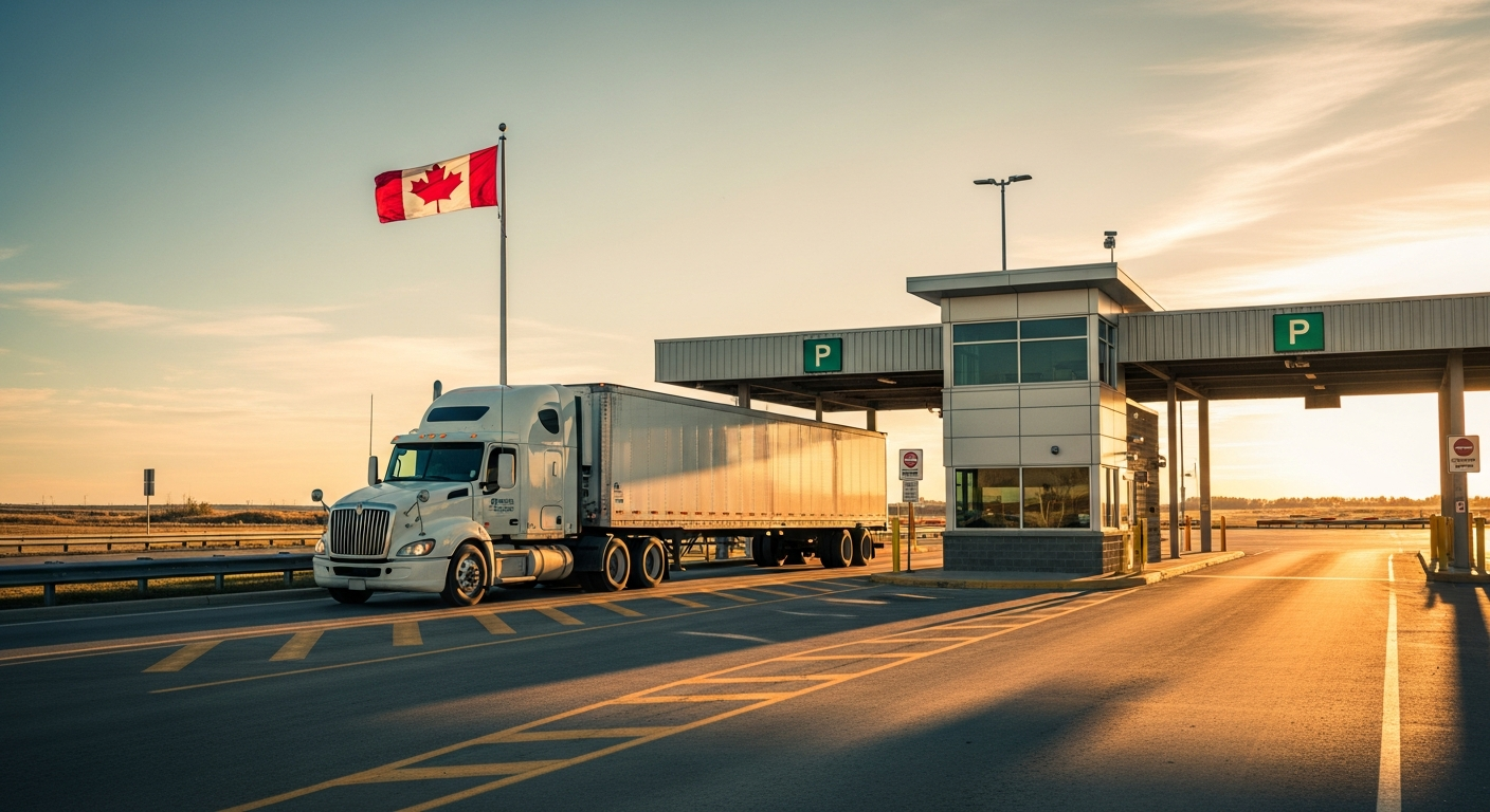 Trailer approaching a Canadian land border crossing — customs inspection area on the U.S.-Canada border